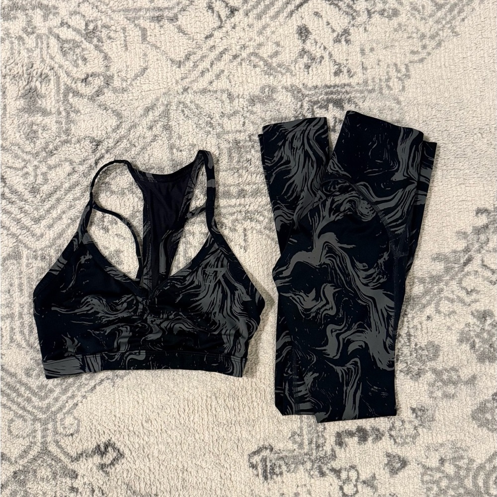 Gymshark Black and Gray Marble Sports Bra and Leggings